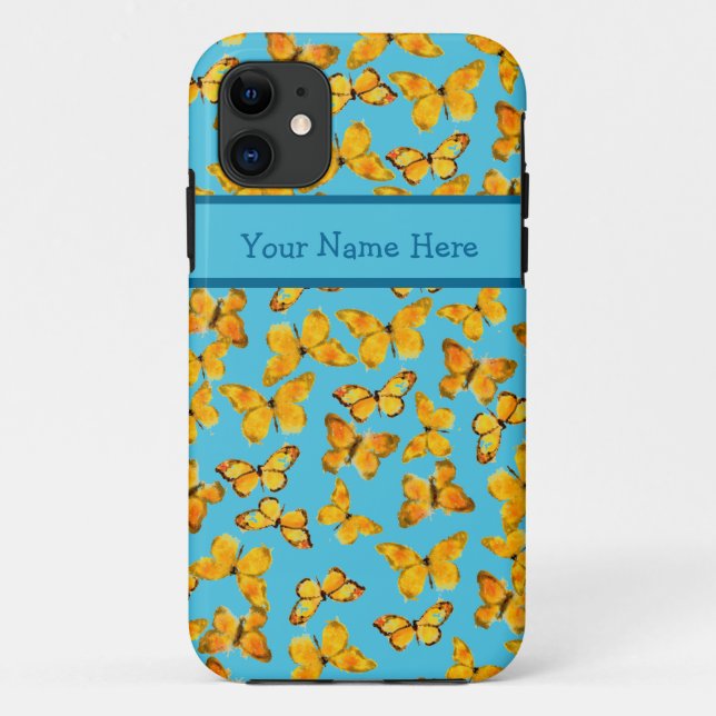 Watercolour Butterflies, Golden Yellow on Sky Blue Case-Mate iPhone Case (Back)