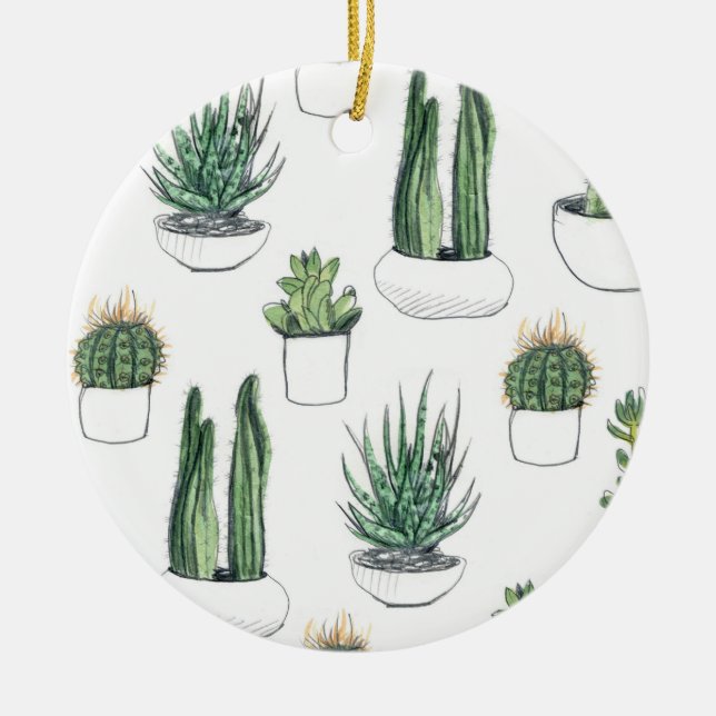 Watercolour Cacti & Succulent Ceramic Tree Decoration (Front)