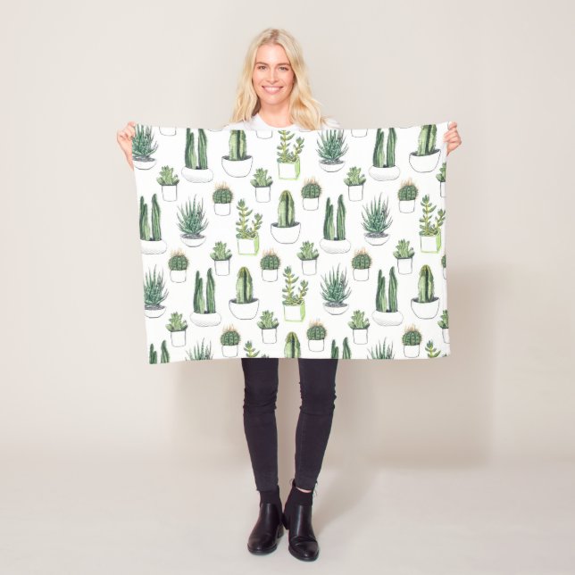 Watercolour Cacti & Succulent Fleece Blanket (In Situ)