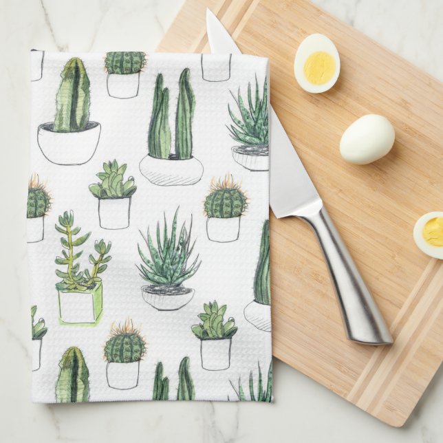 Watercolour Cacti & Succulent Tea Towel (Quarter Fold)