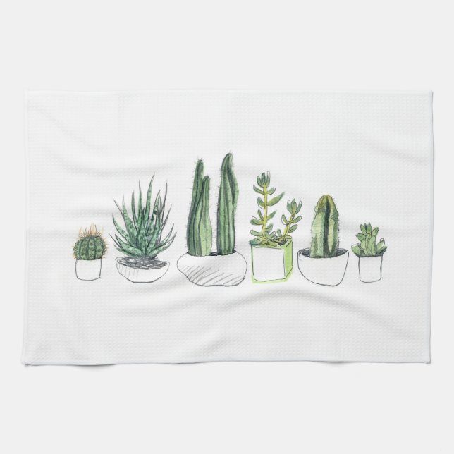Watercolour Cacti & Succulents Tea Towel (Horizontal)