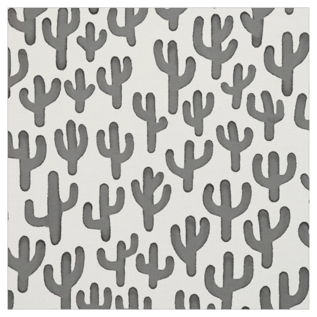 Watercolour Cactus Pattern - Black Fabric (Swatch)