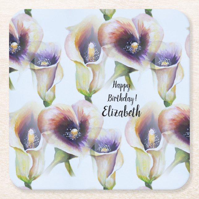 Watercolour Calla Lilies in Gradient Colours Square Paper Coaster (Front)