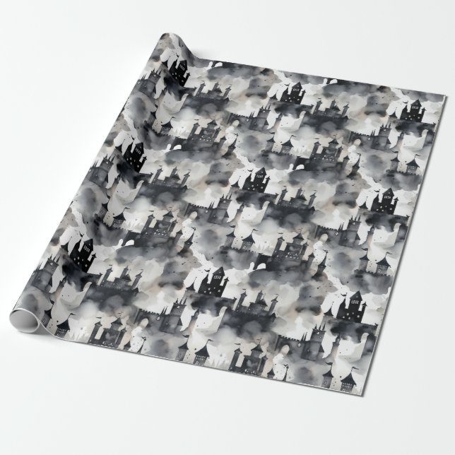 Watercolour Castles Wrapping Paper - black & white (Unrolled)