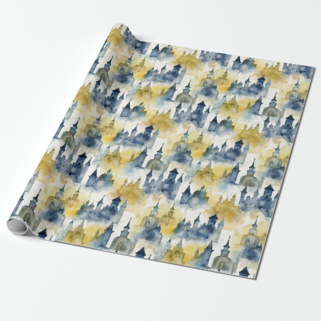 Watercolour Castles Wrapping Paper - blue & yellow (Unrolled)