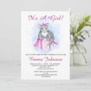 Watercolour Cat On A Gift Box Baby Girl Shower Invitation