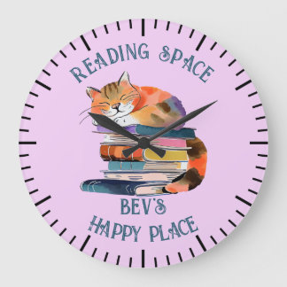  Watercolour Cat with Books Large Clock