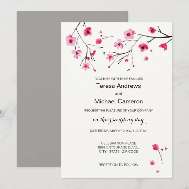 Watercolour Cherry Blossoms Wedding Invitations (Front/Back)