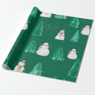 Watercolour Christmas fir trees with snowmen Wrapping Paper