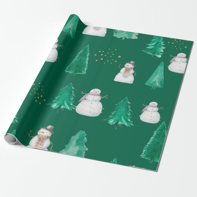 Watercolour Christmas fir trees with snowmen Wrapping Paper (Unrolled)