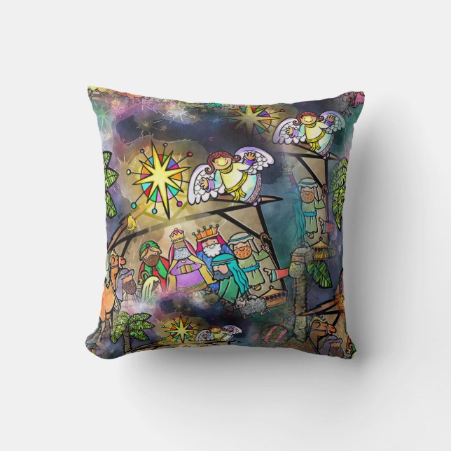 Watercolour Christmas Nativity Scene Cushion (Front)
