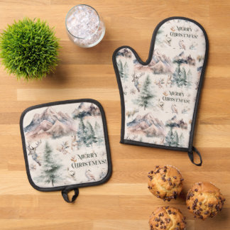 Watercolour Christmas Oven Mitt & Pot Holder Set
