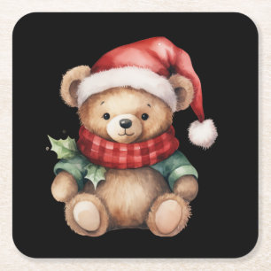 Watercolour Christmas Teddy Bear Square Paper Coaster