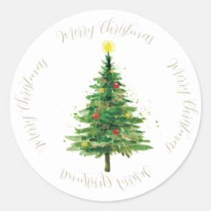 Watercolour Christmas Tree and Star Classic Round Sticker