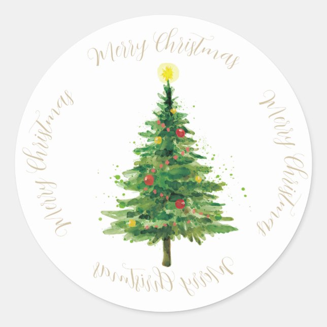 Watercolour Christmas Tree and Star Classic Round Sticker (Front)