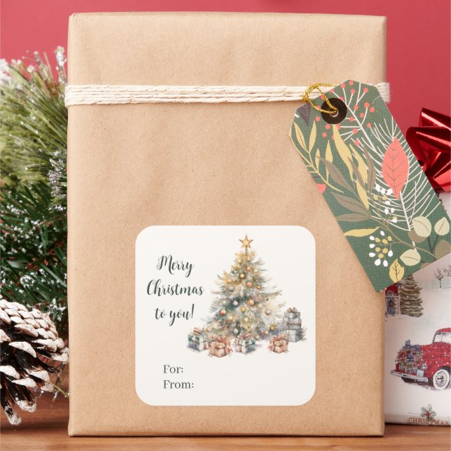 Watercolour Christmas Tree Gift Sticker (Holiday)