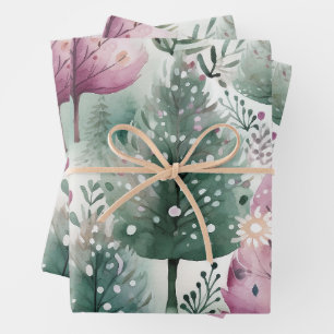 Watercolour Christmas Tree  Pink Purple Green  Wrapping Paper Sheet
