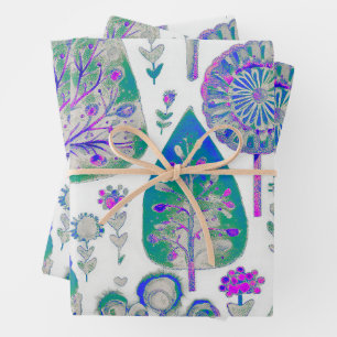 Watercolour Christmas Tree Purple Green Blue Wrapping Paper Sheet