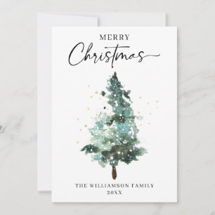 Watercolour Christmas Tree With Gold Sparkles Holiday Card