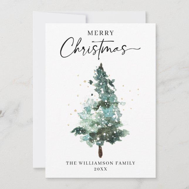 Watercolour Christmas Tree With Gold Sparkles Holiday Card (Front)