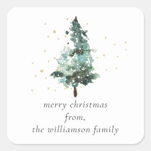 Watercolour Christmas Tree With Gold Sparkles Square Sticker