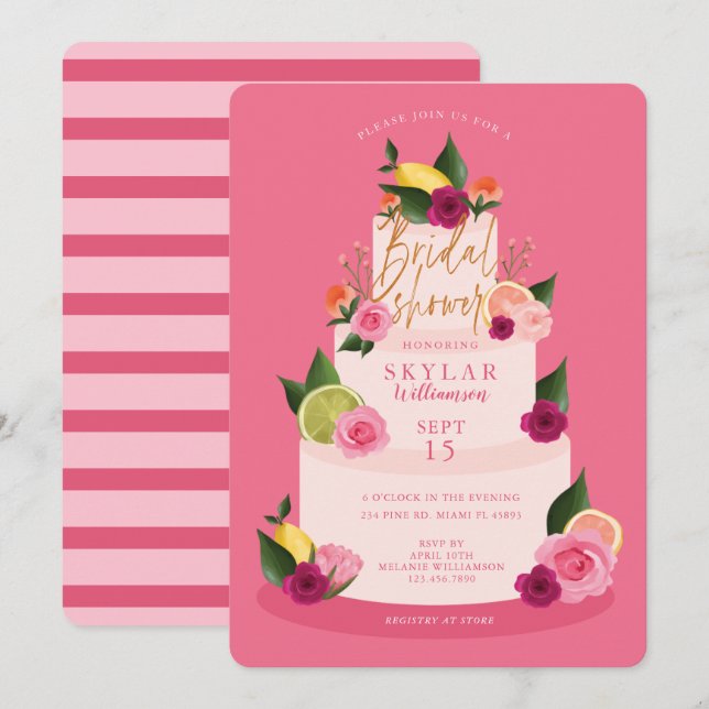 Watercolour Citus Floral 3 Tier Cake Bridal Shower Invitation (Front/Back)