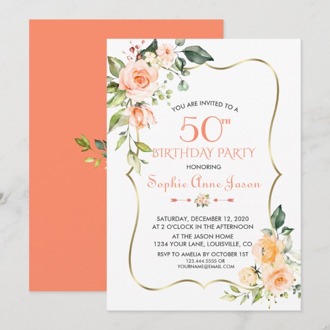 Watercolour Coral Floral Gold Frame 50th Birthday Invitation (Front/Back)