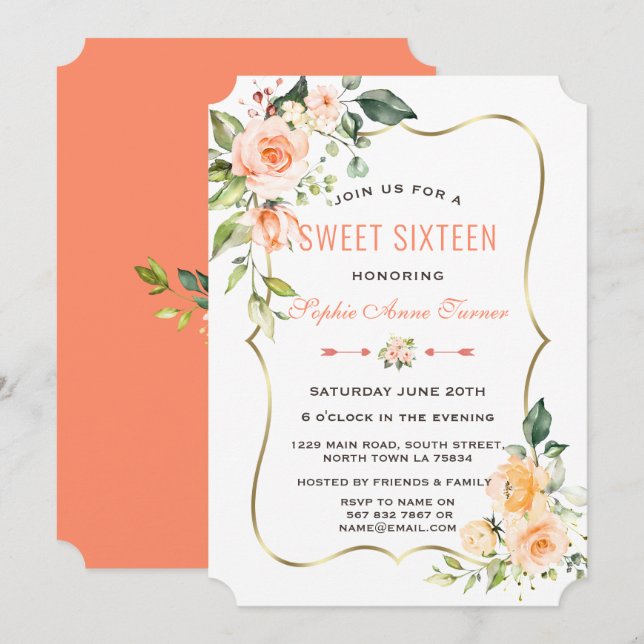 Watercolour Coral Flowers Gold Frame Sweet 16 Invitation (Front/Back)