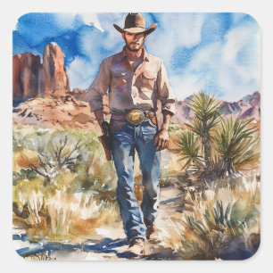 Watercolour Cowboy in Desert Square Sticker