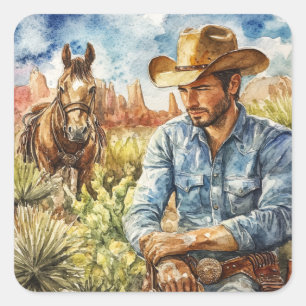 Watercolour Cowboy in Desert Square Sticker
