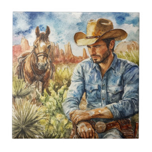 Watercolour Cowboy in Desert Tile