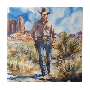 Watercolour Cowboy in Desert Tile