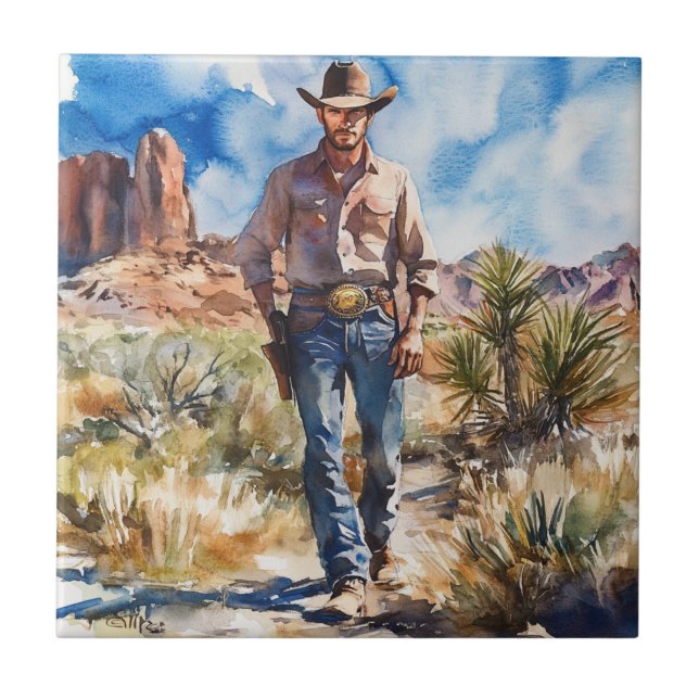 Watercolour Cowboy in Desert Tile (Front)