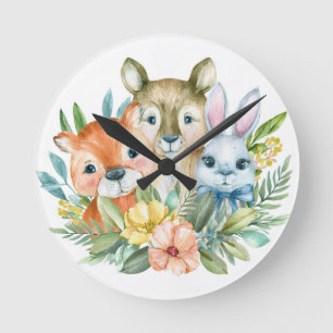 Watercolour cute animals design round clock