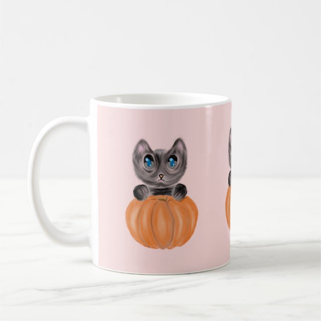 Watercolour Cute Cat and Pumpkin Mug (Left)