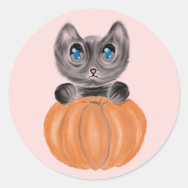 Watercolour Cute Cat and Pumpkin Sticker (Front)