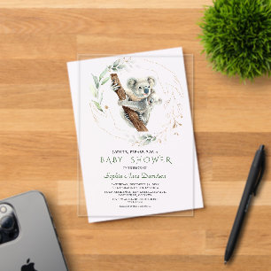 Watercolour Cute Koala Greenery Gold Baby Shower Acrylic Invitations