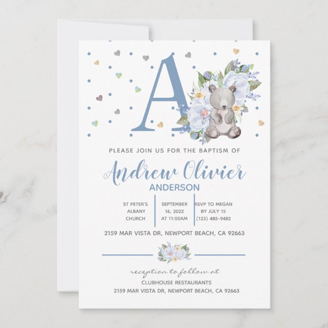 Watercolour Cute Teddy Bear Baby Boy Christening Invitation (Front)