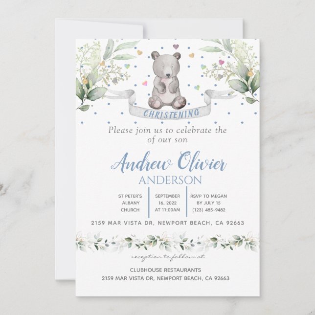 Watercolour Cute Teddy Bear Baby Boy Christening Invitation (Front)