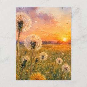 Watercolour Dandelions at Sunset Meadow Landscape  Postcard