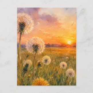 Watercolour Dandelions at Sunset Meadow Landscape Postcard