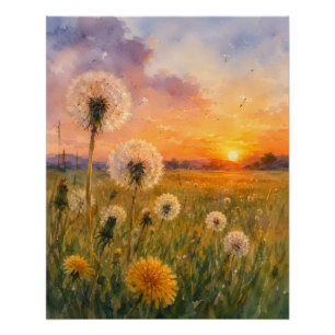 Watercolour Dandelions at Sunset Meadow Landscape  Poster