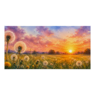 Watercolour Dandelions at Sunset Meadow Landscape  Poster