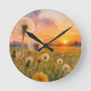 Watercolour Dandelions at Sunset Meadow Landscape Round Clock
