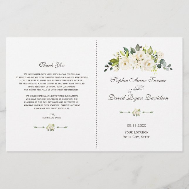 Watercolour Delicate White Flowers Wedding Program (Front)