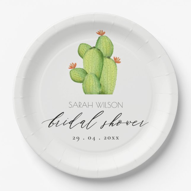 WATERCOLOUR DESERT CACTUS FLOWER  BRIDAL SHOWER PAPER PLATE (Front)
