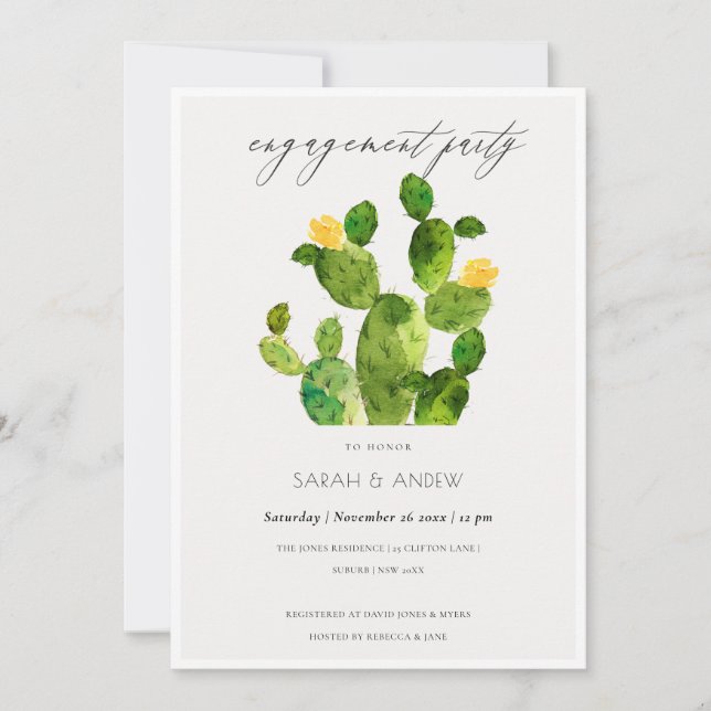WATERCOLOUR DESERT CACTUS FLOWER  ENGAGEMENT INVITATION (Front)