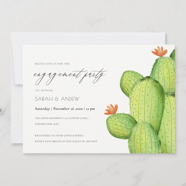 WATERCOLOUR DESERT CACTUS FLOWER  ENGAGEMENT INVITATION (Front)