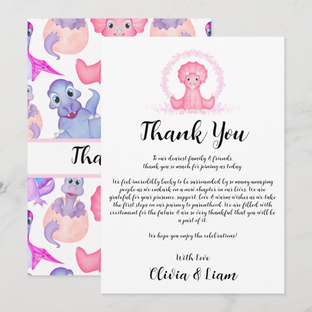 Watercolour Dinosaur Baby Shower Thank You Card (Front/Back)