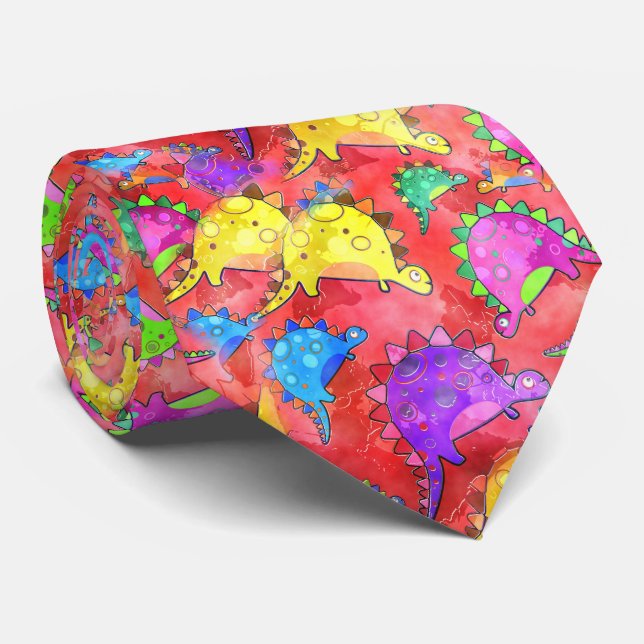Watercolour Dinosaur Cartoon Tie (Rolled)